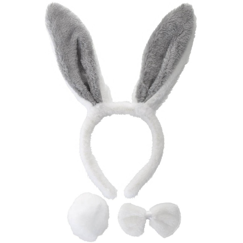 Furry Grey and White Bunny 3 Piece Accessory Set