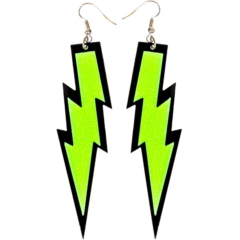 Glittery Green 80s Lightning Bolt Costume Earrings