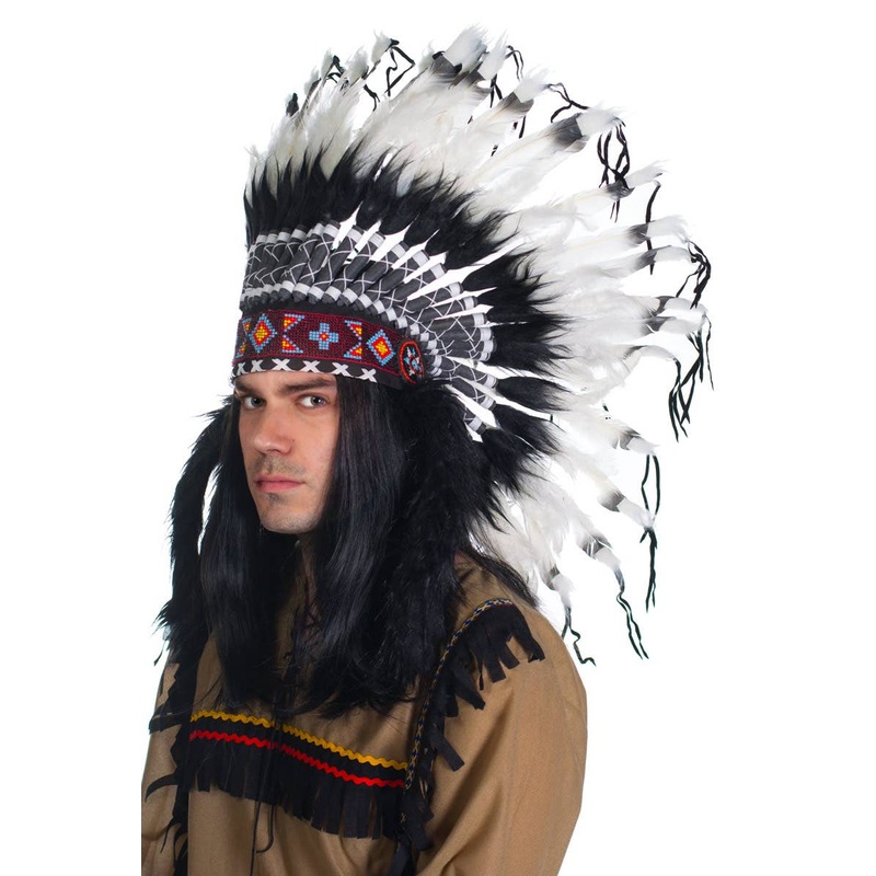 Indian Chief Deluxe Black and White Feather Headdress