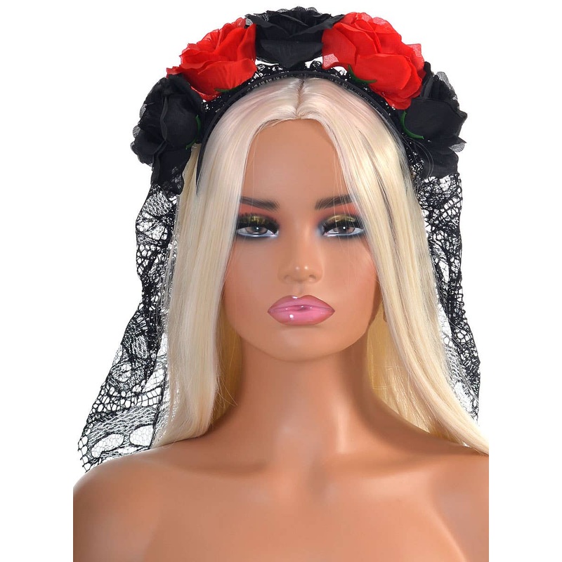 Long Black Skull Lace Veil Costume Headband with Flowers
