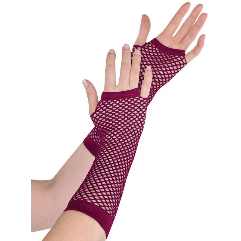Long Burgundy Fishnet Fingerless Costume Gloves