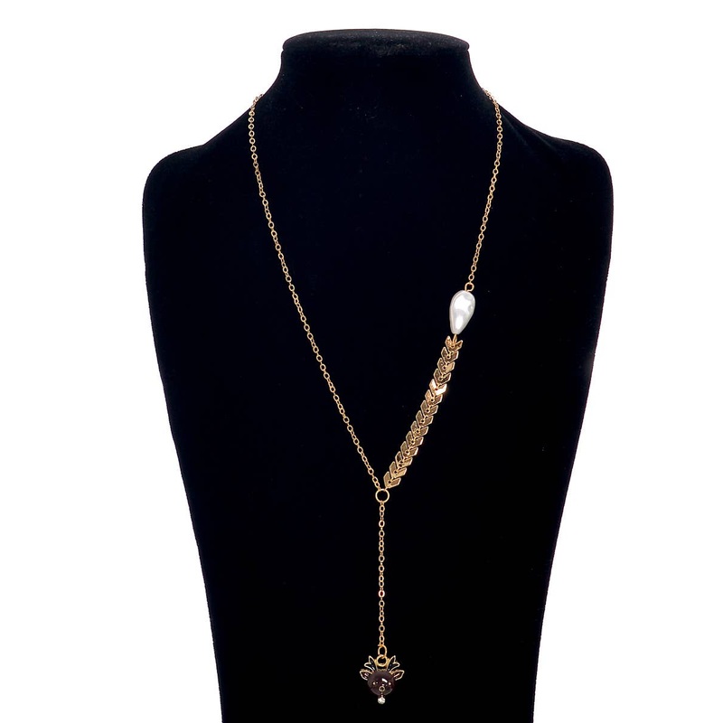 Long Gold Chain Christmas Necklace with Reindeer Pendant