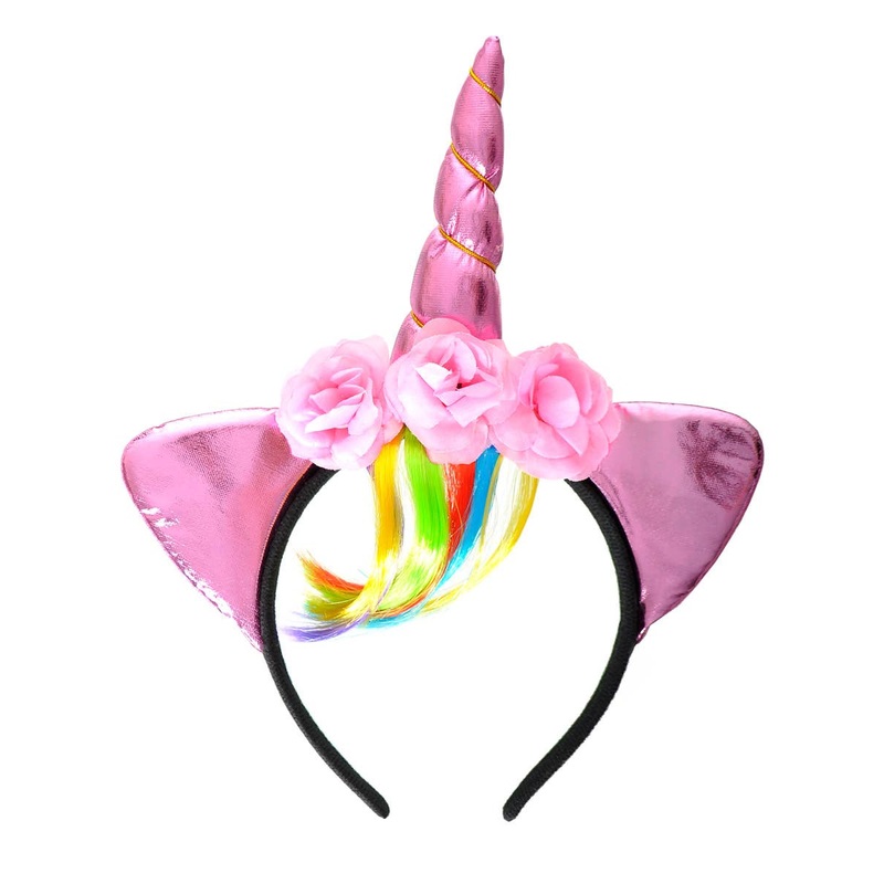 Metallic Pink Unicorn Horn Headband with Rainbow Fringe