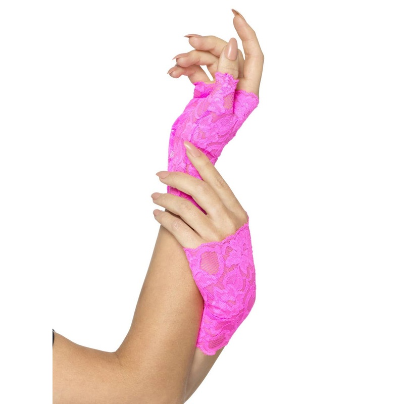 Neon Pink Lace 1980s Fingerless Costume Gloves
