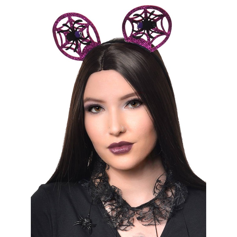 Round Pink Glitter Spiderweb Ears with Spider Halloween Headband