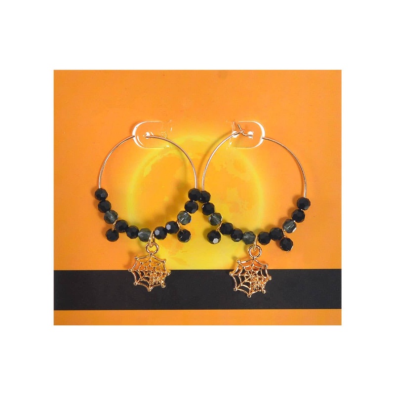 Spiderweb Hoop Halloween Costume Earrings with Black Beads
