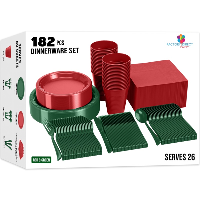 182 Piece Combo Set - Service For 26 - Holiday Red And Emerald