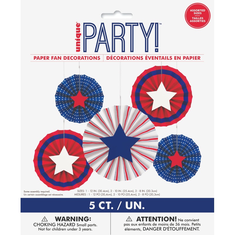 Peppy Patriotic Assorted Paper Fan Decorations | 5 Count