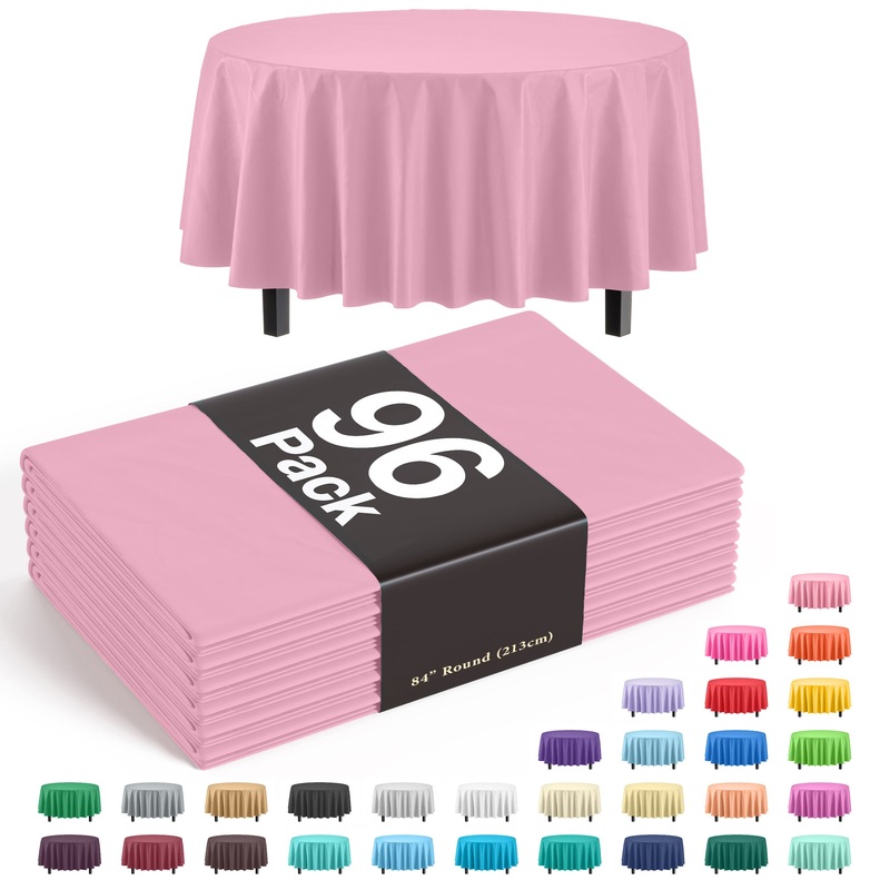 Premium Round Pink Plastic Table Cover | Case of 96