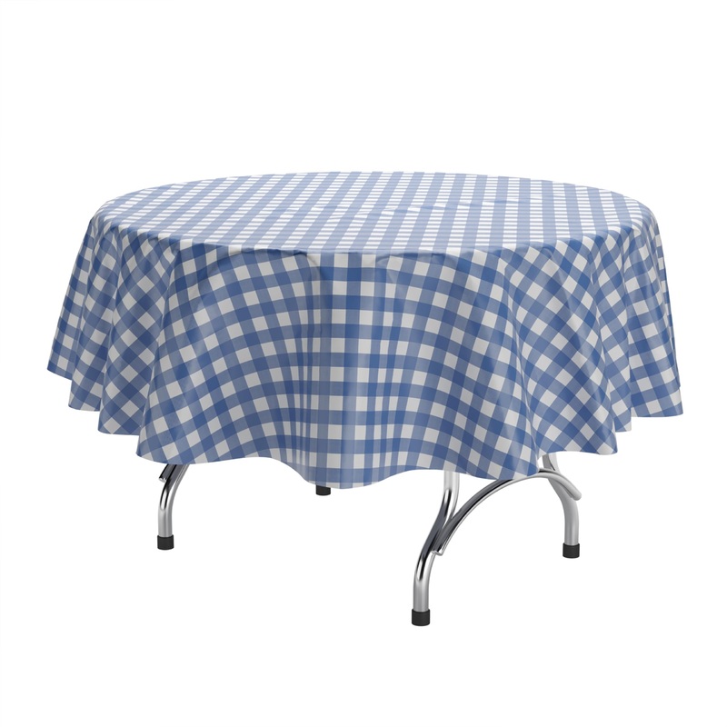 Round Blue Gingham Plastic Table Cover