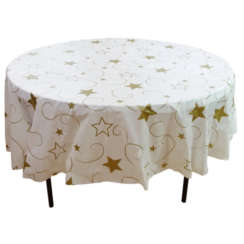 84 In. Round Gold Star Printed Plastic Table Cover