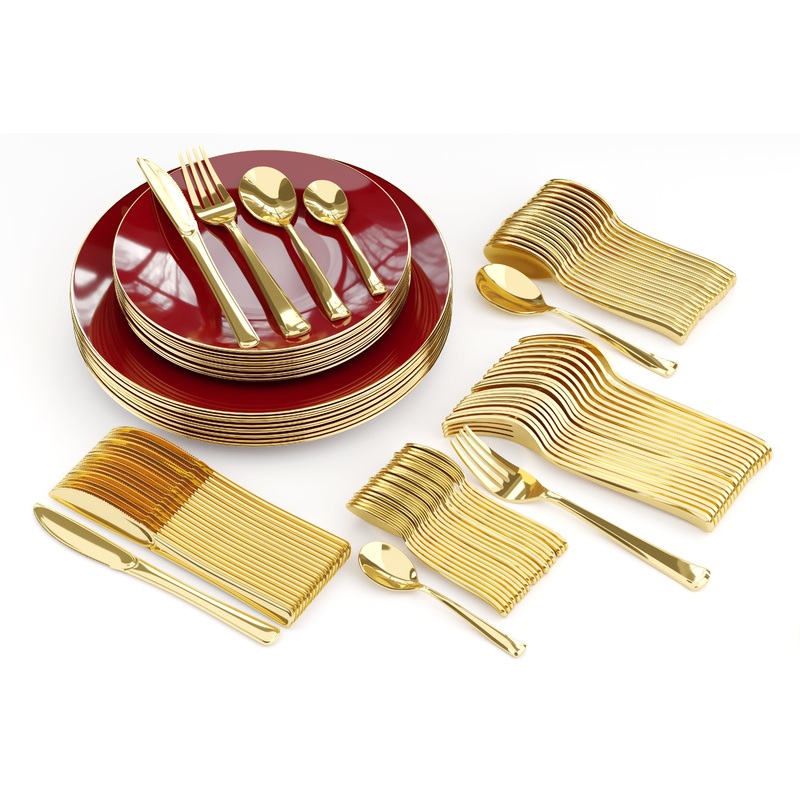 140 Pieces | Setting For 20 | Burgundy Combo Pack