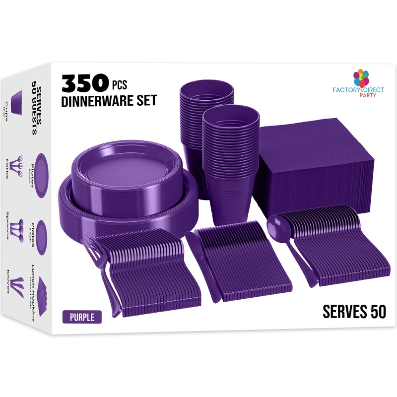 350 Pcs Purple Plastic Disposable Tableware Set