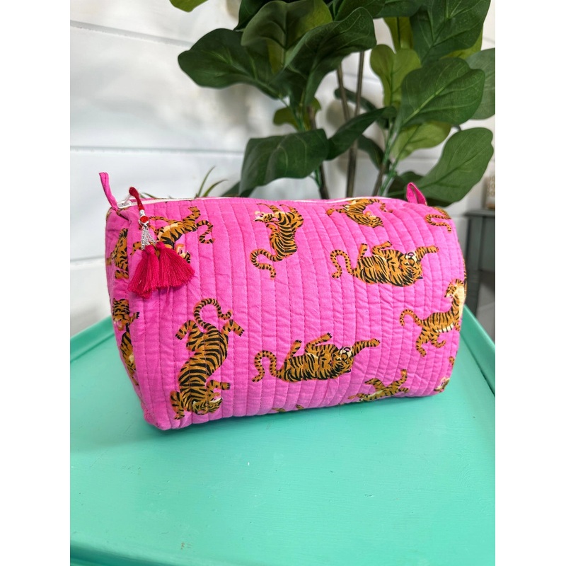 Quilted Pink Tiger Print Makeup Bag | Cosmetics Toiletry Bag