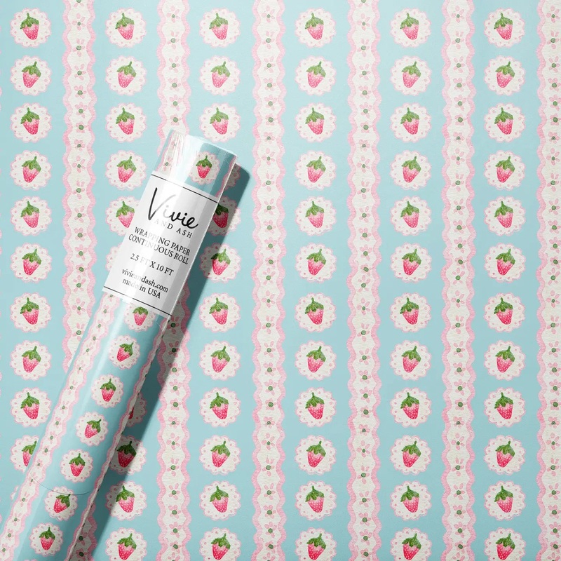 Blue Watercolor Cameo Strawberry Stripe Wrapping Paper Roll
