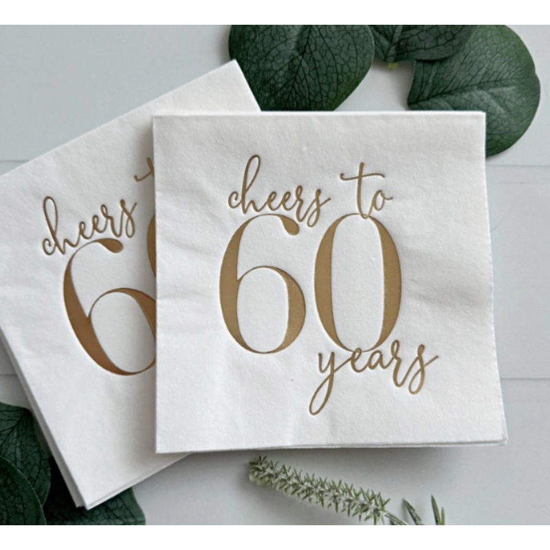 Cheers To 60 Years Cocktail Napkins - Gold On White