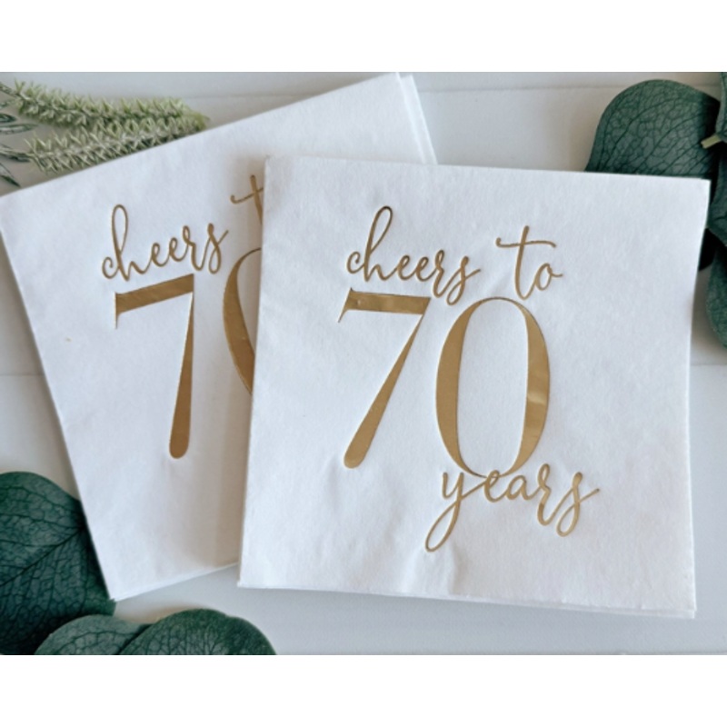 Cheers To 70 Years Cocktail Napkins - Gold On White