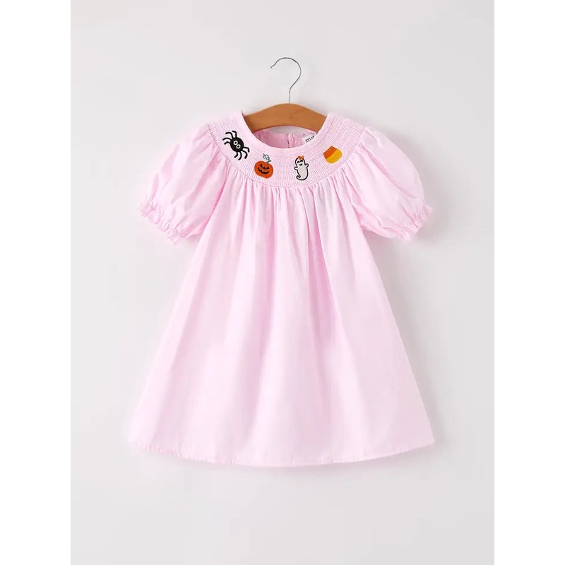 Pink Spider Pumpkin Ghost Smock Embroidery Girl Dress