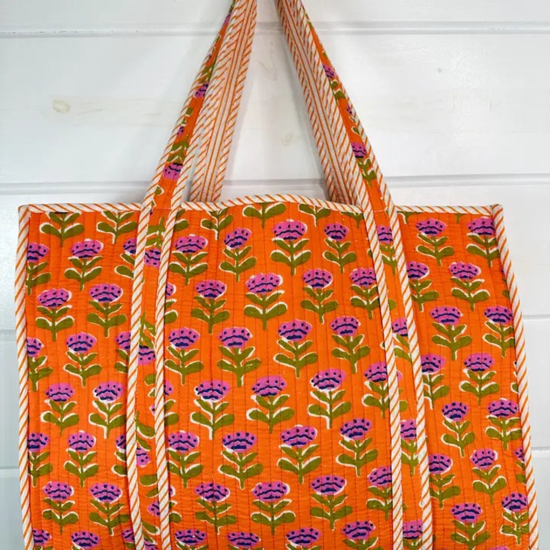 Quilted Tote Bag | Orange Floral Bag | Large Shopping Tote