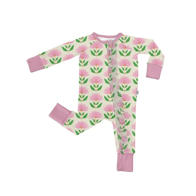 Pink Block Print Flowers - Convertible Zip Pajamas w/ Ruffle