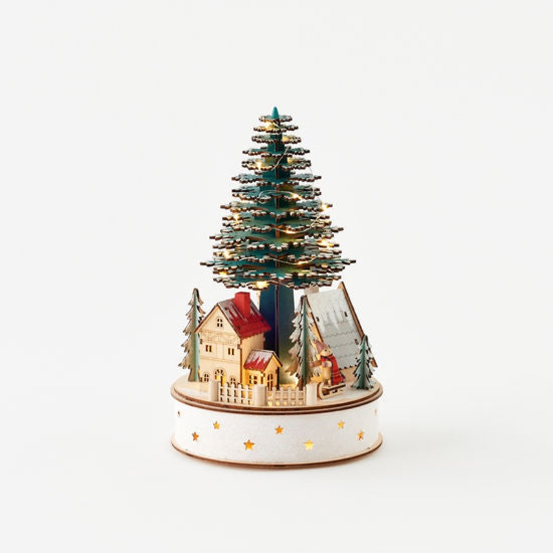 Scandinavian Village Tree, 3AA Batteries Not Incl, Repeat Timer, Wood, 12"