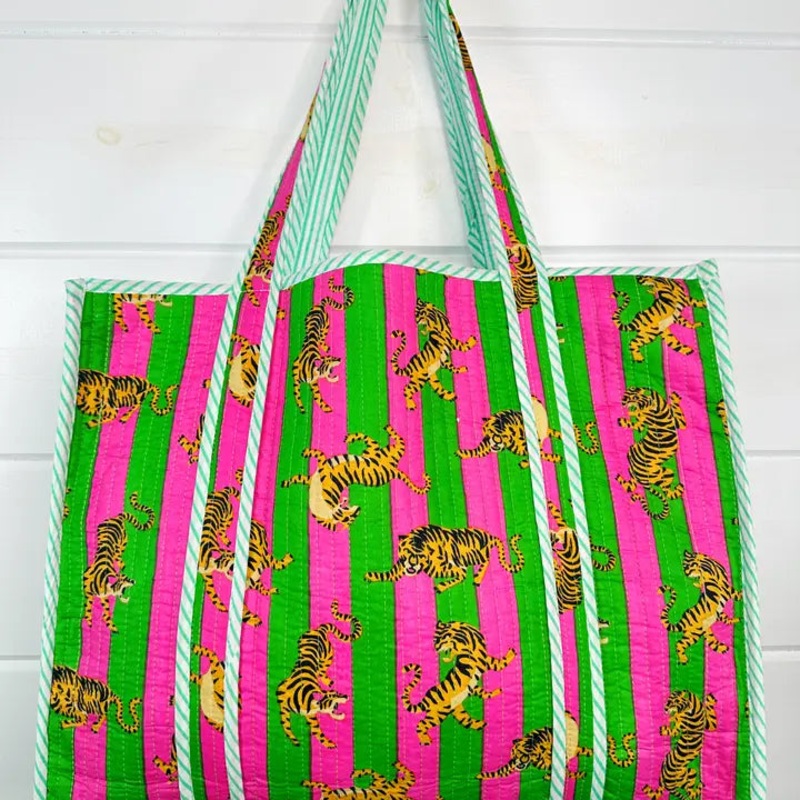 Handmade Quilted Tiger Print Tote | Large Cotton Tote Bag