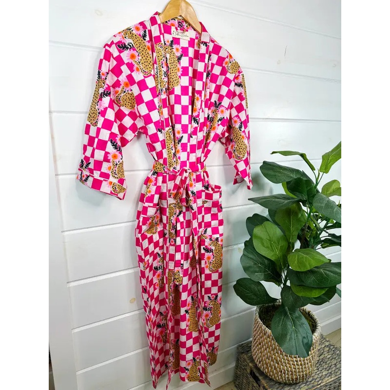 Pink Check Jaguar Women's Cotton Robe | Kimono Robes