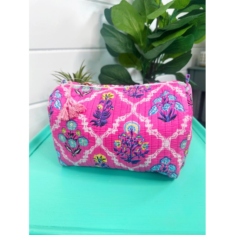 Pink Wildflowers Print Quilted Makeup Bags | Cosmetic Toiletry Bag