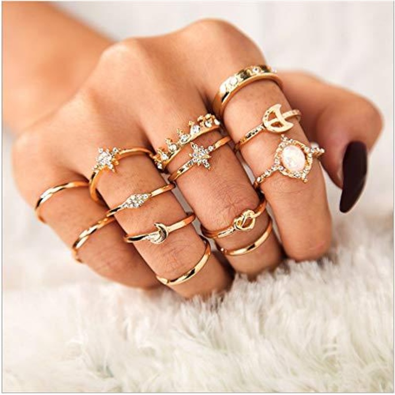 13 Pcs Women Rings Set Knuckle Rings Gold Bohemian Rings for Girls Vintage Gem Crystal Rings Joint Knot Ring Sets for Teens