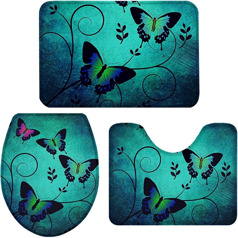 3 Piece Bath Mat Set Beautiful Butterfly on Vintage Background Non Slip and Absorbent Mats