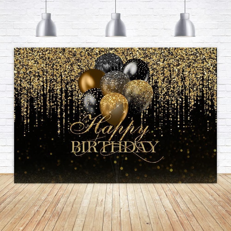 7x5ft Happy Birthday Backdrop Glitter Black and Gold Balloons Photography Background