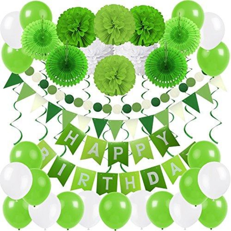 Birthday Party Decoration, Happy Birthday Banner Bunting with 4 Paper Fans Tissue 6 Paper Pom Poms Flower 10 Hanging Swirl and 20 Balloon for Birthday Party Decorations -Green and White