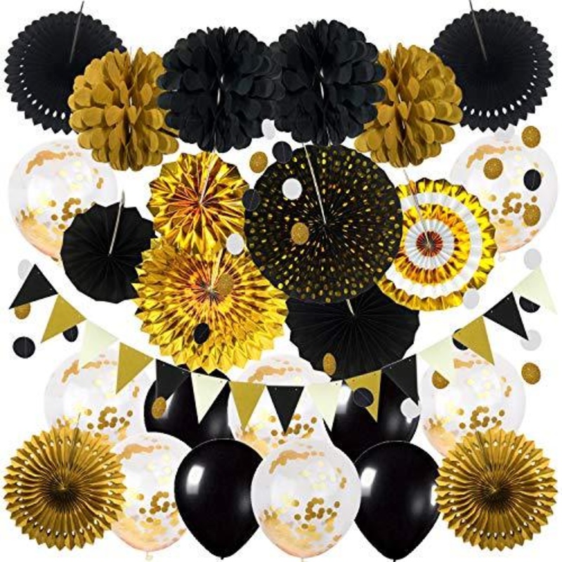 Black and Gold Party Decorations, Confetti Balloons Decorative Folding Fans Paper Pompoms Triangle Bunting Flags Garlands