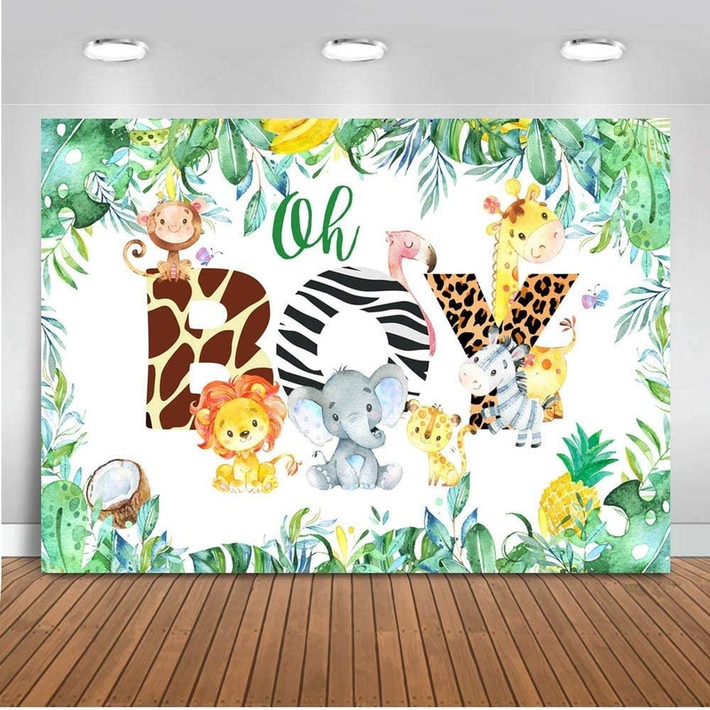 Oh Boy Backdrop Jungle Safari Boy Baby Shower Photo Booth Backdrops Jungle Animals Lion Elephant Party Decorations