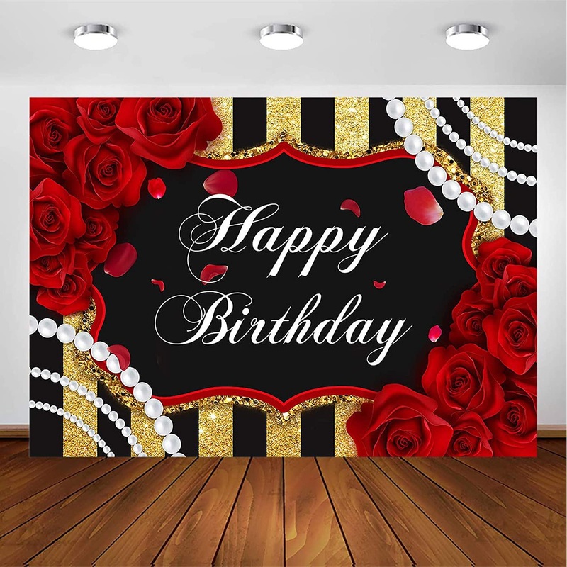 Red Rose Birthday Backdrop for Girls Woman Party Decorations Red Roses Floral Pearl