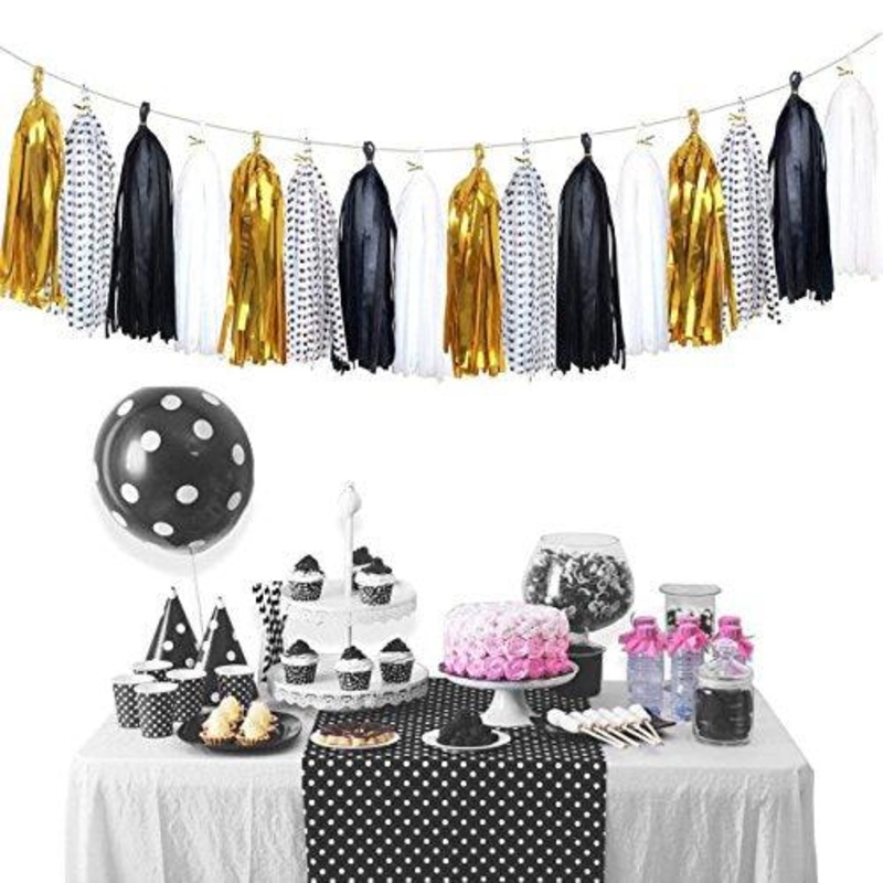 Tissue Paper Tassels Banner - Tassels Garland for Bachelorette Party, Birthday Party, Black and Gold Party Decorations 20 pcs