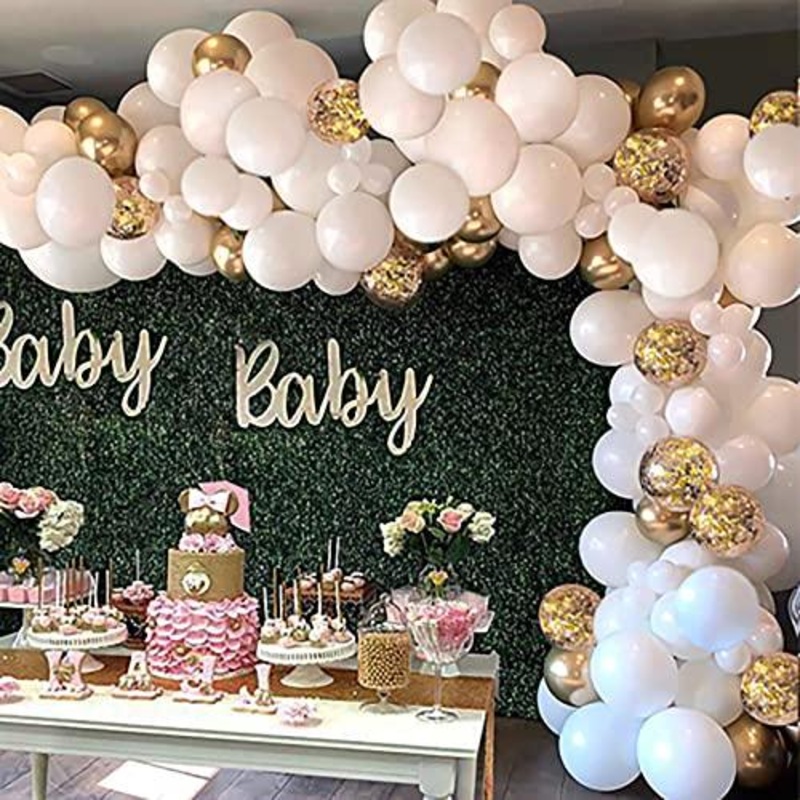 White Balloon Arch Garland Kit, 124 Pieces White Gold and Gold Confetti Latex Balloons for Baby Shower Wedding Birthday