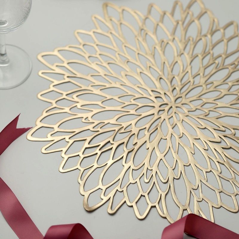 10 Pack | 15" Gold Decorative Floral Vinyl Placemats, Non-Slip Round Dining Table Mats