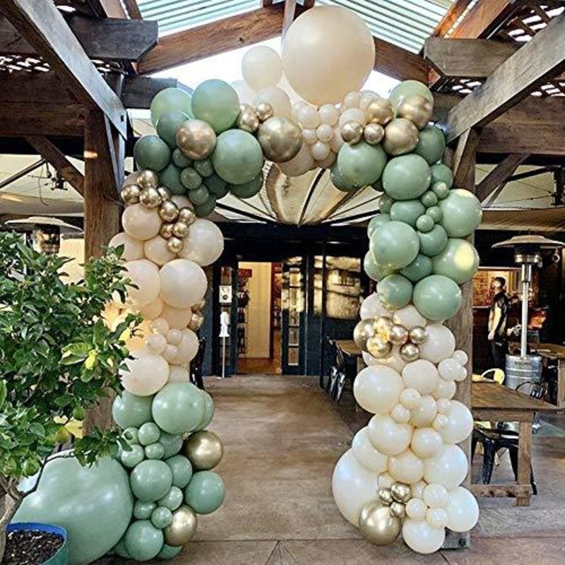 115 Piece Retro Olive Green Balloon Garland Kit-Double Stuffed Sage Green, Ivory White And Metallic Chrome Gold Balloons