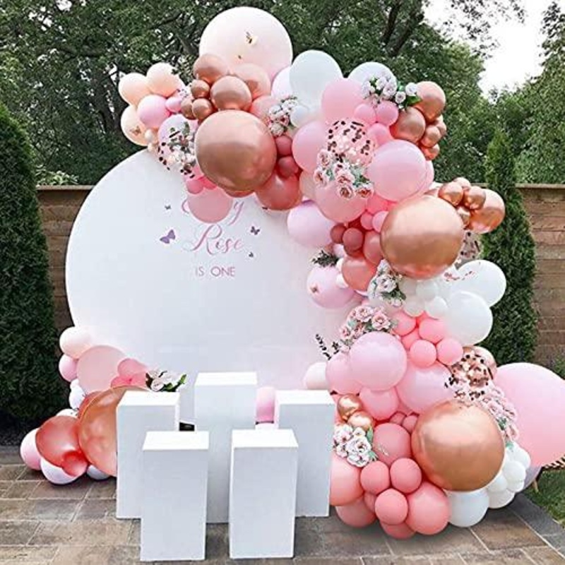 143Pcs Girl's Birthday Pink and Rose Gold Confetti Different Size Balloons Garland Kit