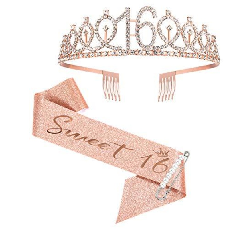 16th Birthday Sash and Tiara for Girls, Sweet Sixteen Birthday Party Favor Supplies