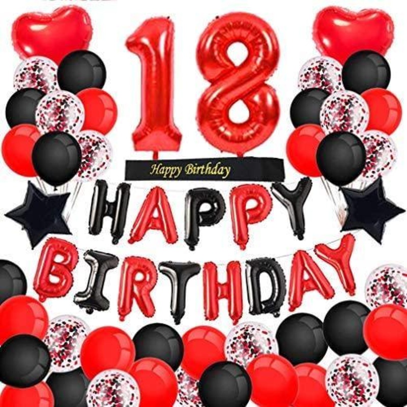 18th Birthday Decorations Red Black Happy Birthday Banner Red Number 18 Balloons Happy Birthday Sash with Latex and Confetti Balloons