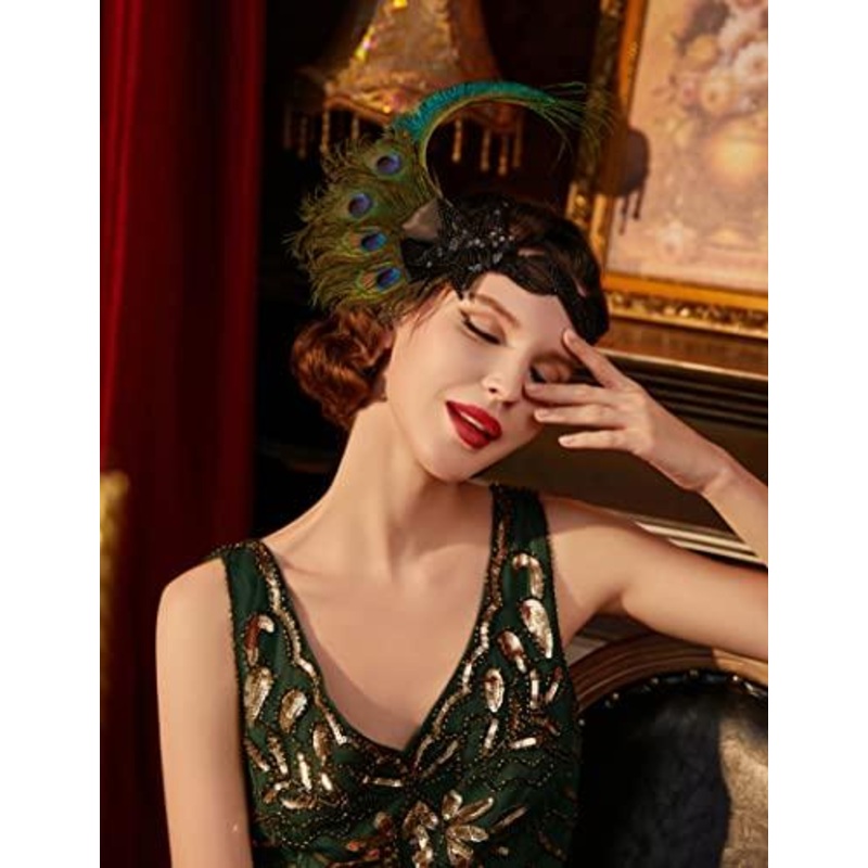 1920s Flapper Peacock Feather Headband 20s Sequined Showgirl Headpiece