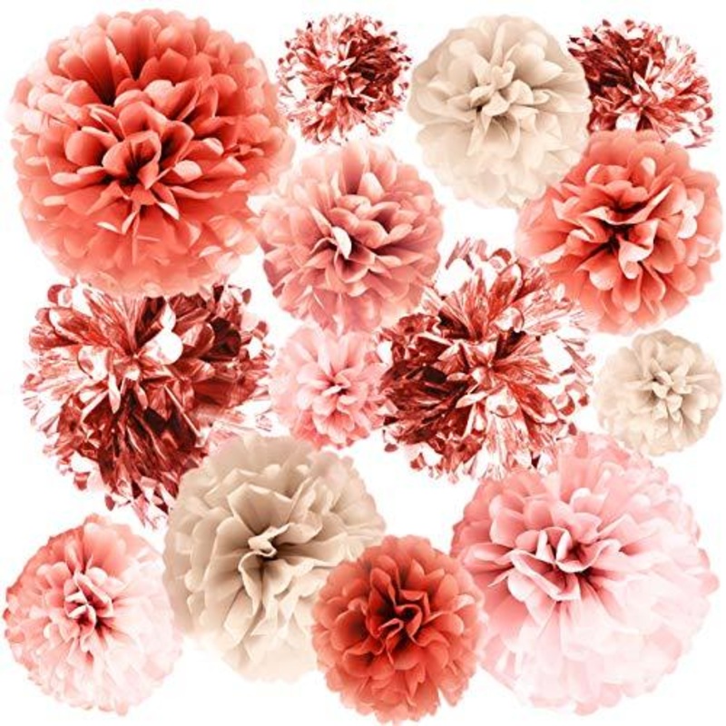 20 PCS Rose Gold Party Decorations - Metallic Foil and Tissue Paper Pom Poms - Birthday Party Decoration - Baby Shower - Bridal Shower - Bachelorette - 14", 10", 8", 6"