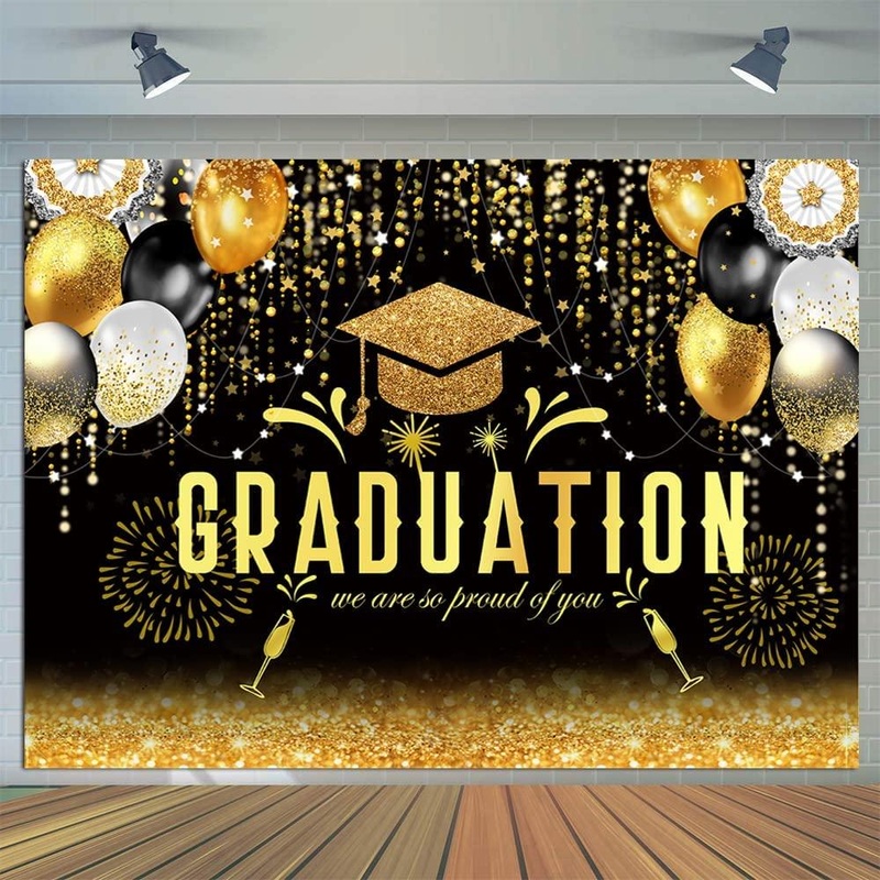 2023 Class Graduation Photography Backdrop Black Gold Glitter Graduation Party Background 2023 Congrats Grad