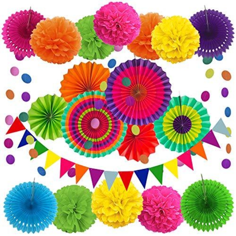 21 Pcs Multi-color Hanging Paper Fans, Pom Poms Flowers, Garlands String Polka Dot and Triangle Bunting Flags for Birthday Parties, Wedding