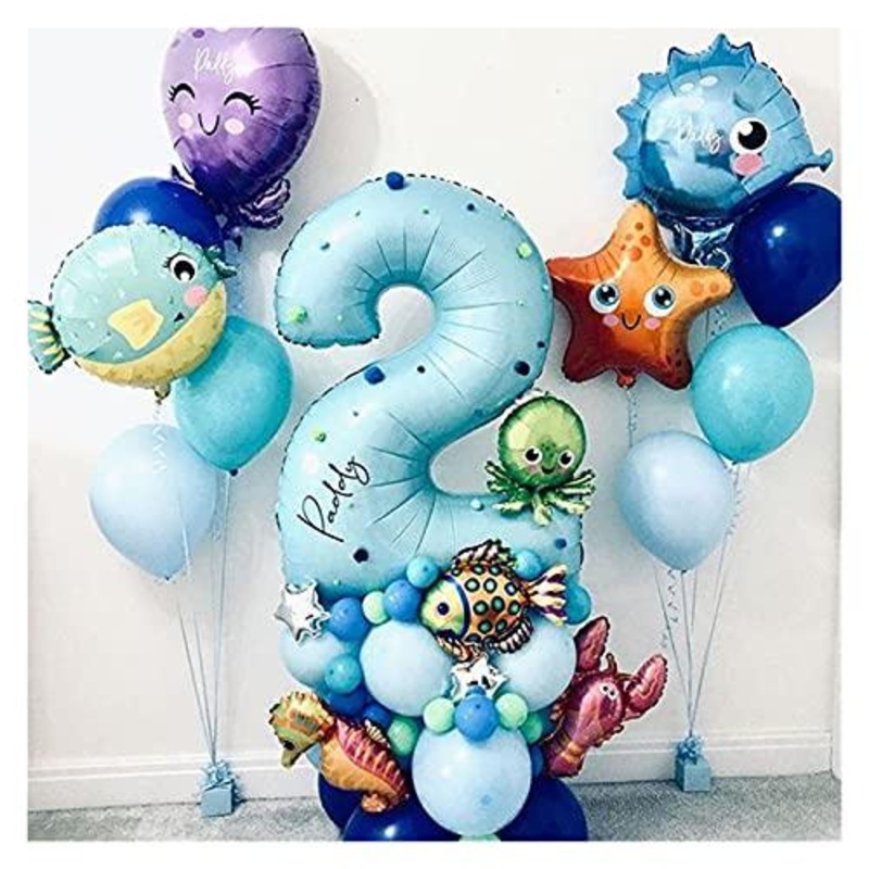 44pcs Under Sea Ocean World Balloons Blue Number Balloon Sea Party Theme Kids Happy Birthday Party Decoration