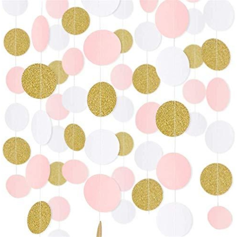 5pcs 65ft Paper Garland Pink White Glitter Gold Circle Dots Hanging Decorations Streamers for Birthday