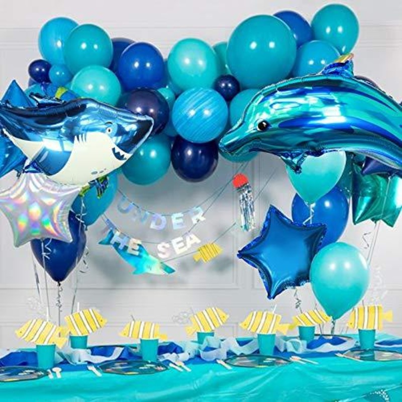 60PCS Ocean Balloons Arch Birthday Party Decorations with Stars Shark Dolphin Foil Balloons for Under the Sea Decorations