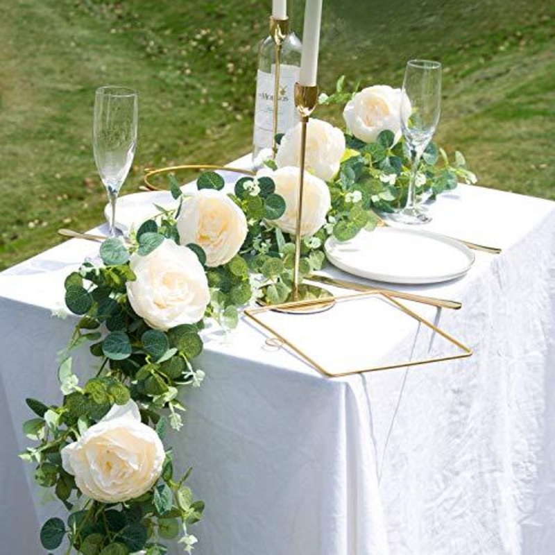 6ft 5pcs Artificial Rose Vine Decorations Hanging Eucalyptus Garland with Champagne Rose for Wedding Arch